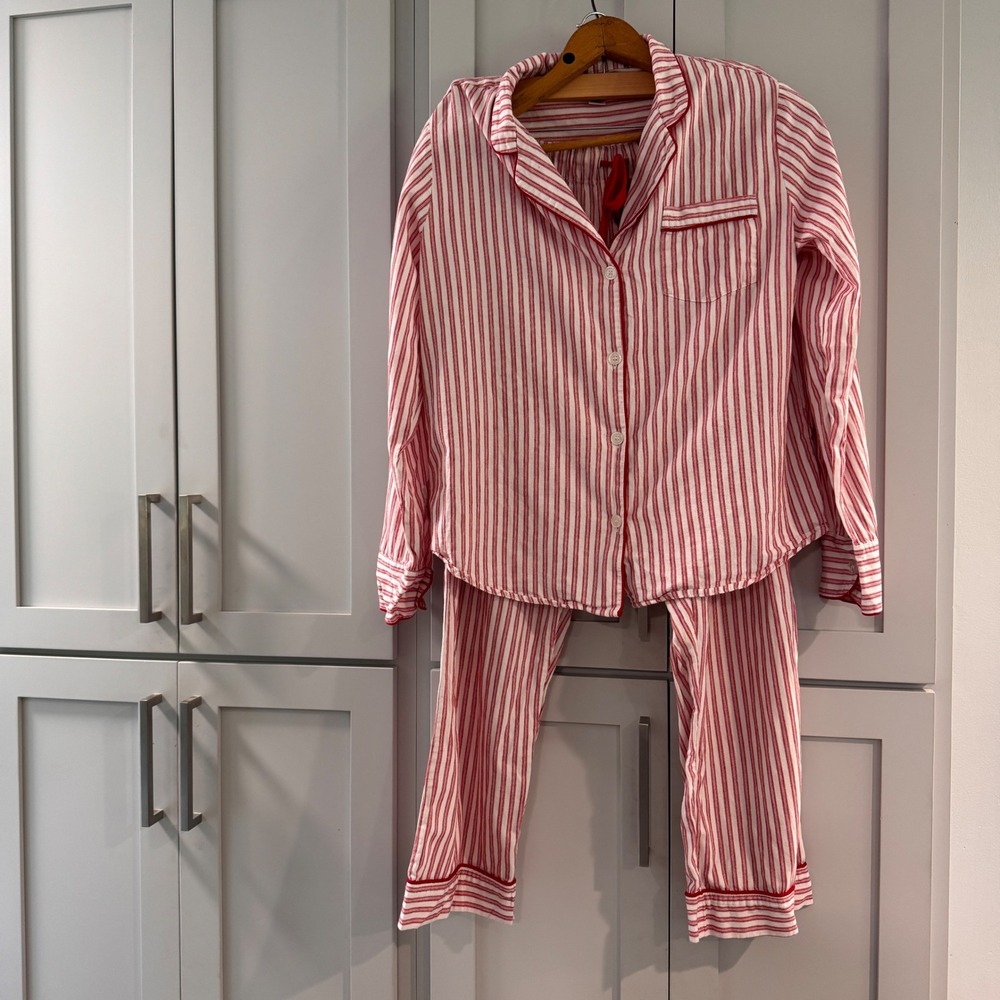 Petite Plume Red White Striped Cotton Pajama Set Womens Large Button Front L